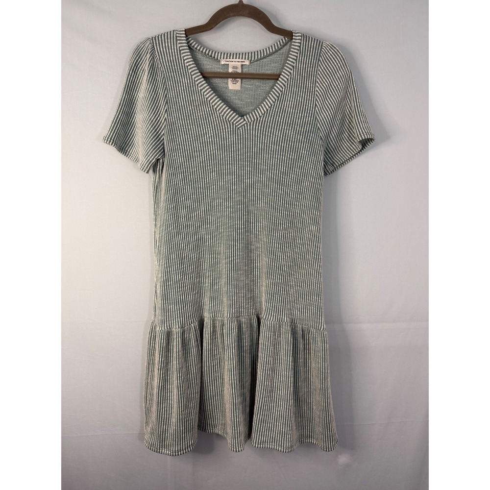 Caution to the Wind Striped Drop Waist Dress Women Small Green White V-Neck Mini